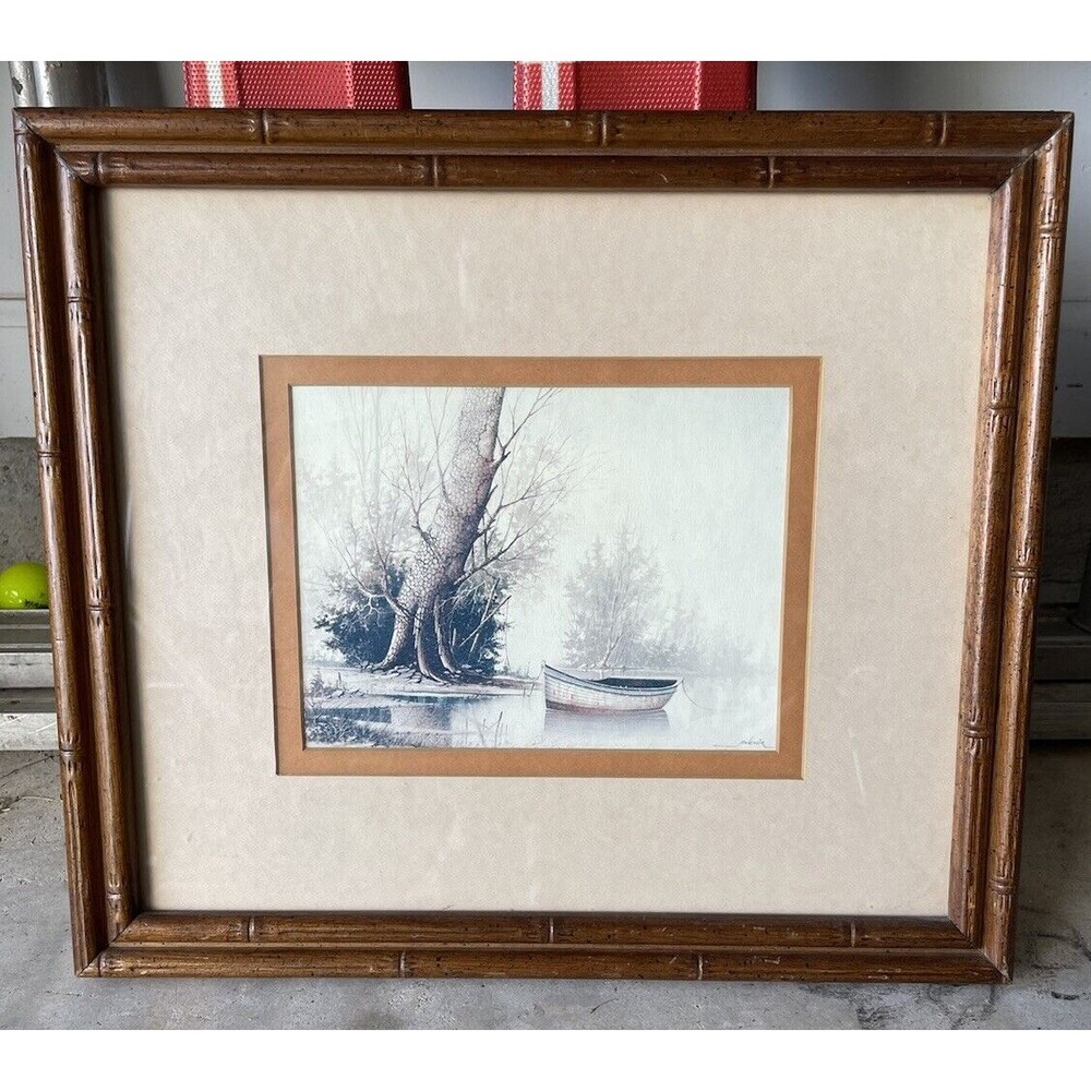 Vintage Countryside Fishing Boat by M. Lenoir Matted Framed 16x14